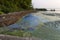 Dirty blue and green toxic algae reservoir