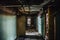 Dirty empty dark corridor in abandoned building, broken doors, garbage, perspective