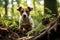 Dirty Frightened Jack Russell Terrier Dog Sits In The Woods Dog Lost In The Park In The Woods. Generative AI