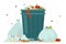 Dirty garbage around the trashcan vector isolated