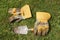 Dirty gardening gloves and trowel