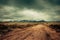 Dirty ground country road panoramic view with dramatic sky on horizon. Farming scene with transport way through meadow