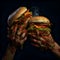 Dirty hands holding two hamburgers on a black background