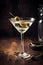 Dirty martini cocktail with olives in glass on a dark background. Generated AI