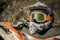 Dirty motorcycle motocross helmet with goggles