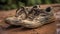 Dirty old pair of leather hiking boots in muddy grass generated by AI