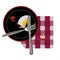 Dirty plate, fork, knife and napkin. Smeared with sauce, some leftover egg and food crumbs. Isolated.Cartoon  illustration.