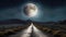 Dirty road leading through dry valley with large moon at the end