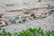 Dirty sand beach with various garbages