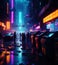 Dirty street of neon futuristic dystopian city with garbage and waste scattered around, generative ai