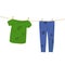 Dirty t-shirt and jeans hanging on rope and drying before the laundry. Clothes washing concept illustration.