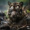 A dirty tiger lying in a deforested ground. Lost his home. Loss of wildlife habitats. Extinction of species. Save animals