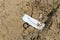 Dirty trash surgical masks on beach sand. Corona virus pollution