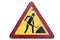 Dirty triangular red border yellow road sign `Road works` isolat
