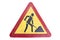 Dirty triangular red border yellow road sign `Road works` isolat