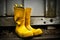 Dirty yellow rubber boots on a farm, closeup. Generative AI