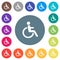 Disability flat white icons on round color backgrounds