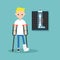 Disabled blond boy on crutches with broken leg /