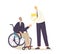 Disabled Businessman Character in Wheelchair Shaking Hand with Business Partner or Boss. Handicapped Manager Meeting