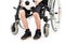 Disabled child boy sitting on wheelchair holding soccer ball