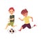 Disabled child playing soccer game with friend, happy cartoon boy with prosthetic leg