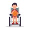 Disabled child in wheelchair. A handicapped young smiling boy sitting in wheelchair while holding basket ball. Disability person