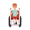 Disabled child with wounded limb in wheelchair flat vector illustration isolated.