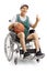 Disabled elderly man in a wheelchair holding a basketball and showing thumbs up