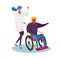 Disabled Female Riding Wheelchair with Nurse or Doctor Therapist Assistance. Woman Patient in Traumatology Hospital