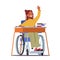 Disabled Girl Character in Wheelchair Sitting at Desk with Textbooks in Classroom Raising Hand. Handicapped Schoolgirl