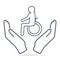 Disabled in hands icon, Man patient in hands simple line icon