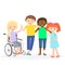 Disabled kids with friends. Handicapped children on white