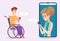 Disabled man with doctor. Online chat medical consulting web message vector cartoon characters