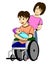 A disabled man with torn legs. He is sitting in a wheelchair and carrying his child. And there is a wife to take care of beside.