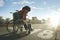 Disabled man walking with wheelchair on the highway