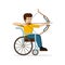 Disabled man in wheelchair bending s bow. Flat design.