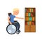 Disabled man in wheelchair next to the bookcase vector Illustration on a white background