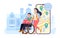 Disabled man and woman travel world. Phone application. Couple with disabilities. Male in wheelchair and female looking