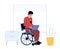 Disabled man work at home. Male sits in wheelchair with laptop. Accessible job for handicapped people. Freelance worker