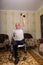 Disabled old men doing exercises with dumbbells