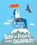 Disabled People Day poster. A girl in a wheelchair climbed a mountain peak