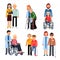 Disabled people group or hospital patients and helping man. Vector illustrations isolate on white background