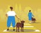 Disabled people with guide dogs, flat vector stock illustration with blind people crossing the road with lobrador dog