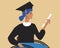 Disabled person graduation, flat vector illustration with young graduate in mantle holding diploma certificate as inclusive