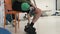 A disabled person with a prosthetic leg undergoes rehabilitation. Prosthetic leg close-up. A disabled person with a