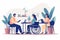 A disabled peson is sitting in a wheelchair. Nearby are his colleagues. 2d illustration