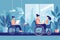 A disabled peson is sitting in a wheelchair. Nearby are his colleagues. 2d illustration