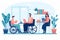 A disabled peson is sitting in a wheelchair. Nearby are his colleagues. 2d illustration