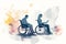 A disabled peson is sitting in a wheelchair. Nearby are his colleagues. 2d illustration