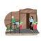 Disabled senior man in wheelchair using staircase with accessibility ramp at house entrance, flat vector illustration.